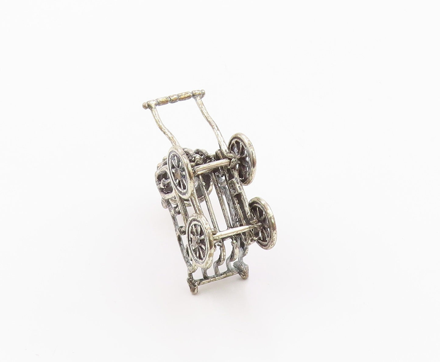 925 Sterling Silver  Vintage Shiny Old Fashioned Baby Carriage Trinket  TR1823