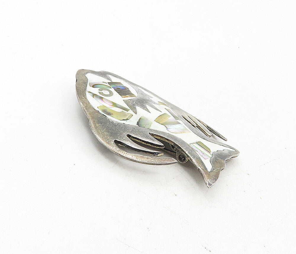 MEXICO 925 Sterling Silver  Vintage Abalone Mosaic Fish Brooch Pin  BP3388