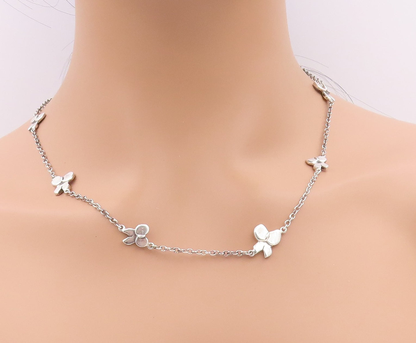 925 Sterling Silver Vintage Necklace Chained Linked Cutout Bows NE4578