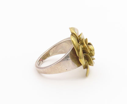925 Sterling Silver Vintage Ring Two Tone Carved Floral Rose Band  Sz 7  RG36713