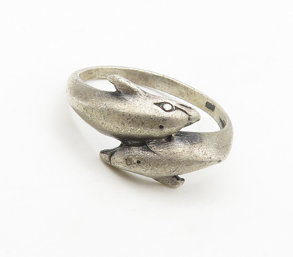 925 Sterling Silver  Vintage Dark Tone Dolphin Bypass Band Ring Sz 6  RG15887