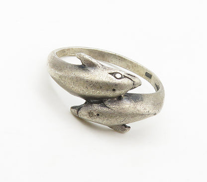 925 Sterling Silver  Vintage Dark Tone Dolphin Bypass Band Ring Sz 6  RG15887