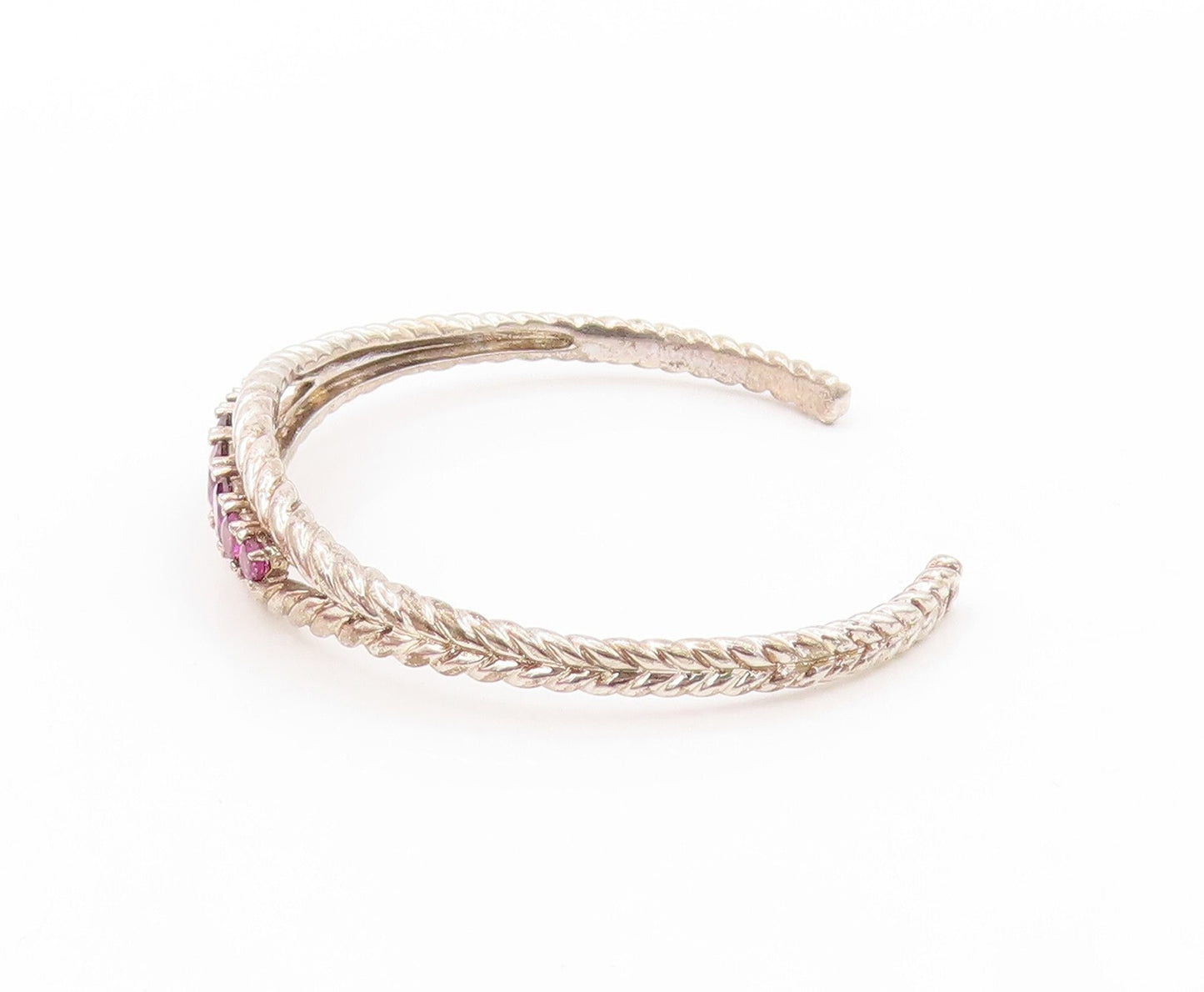 925 Sterling Silver Vintage Bracelet Designer Round Pink CZ Roped Cuff  BT11067