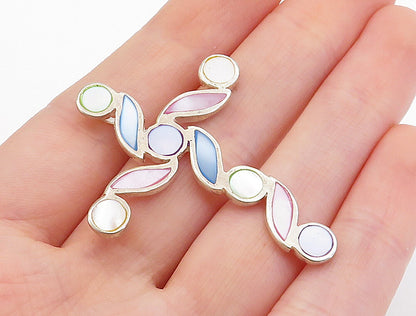 925 Sterling Silver Multi Color Mother Of Pearl Swirl Cross Pendant PT5820