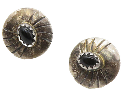 NAVAJO 925 Sterling Silver  Vintage Cabochon Black Onyx Stud Earrings  EG8578