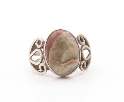 925 Sterling Silver Vintage Ring Oval Gemstone Swirly Cutout Band Sz 8.5 RG32950