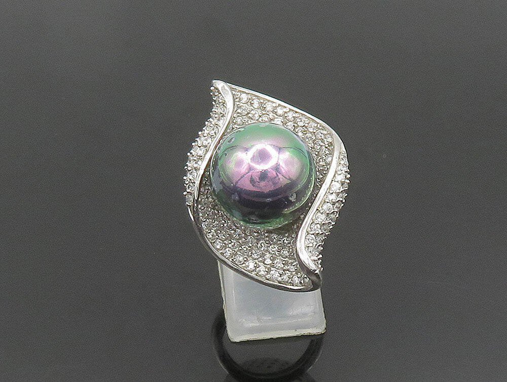 925 Sterling Silver Vintage Wrapped Pearl & Topaz Ring Sz 6 RG24497