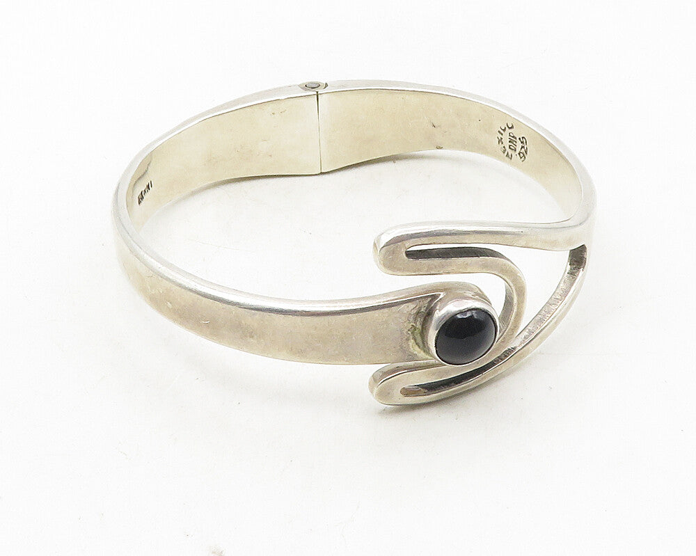 MEXICO 925 Silver  Vintage Cabochon Black Onyx Hinge Bangle Bracelet  BT4181