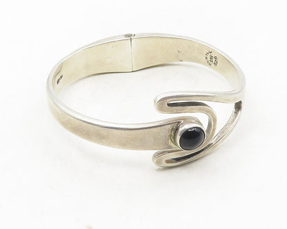 MEXICO 925 Silver  Vintage Cabochon Black Onyx Hinge Bangle Bracelet  BT4181
