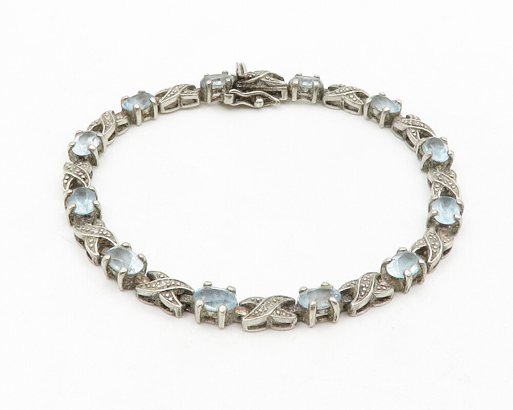 925 Silver   Vintage Genuine Diamonds & Blue Topaz XO Chain Bracelet  BT5121