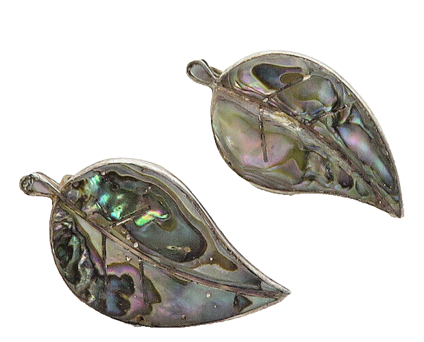 MEXICO 925 Sterling Silver  Vintage Abalone Leaf Non Pierce Earrings  EG5334