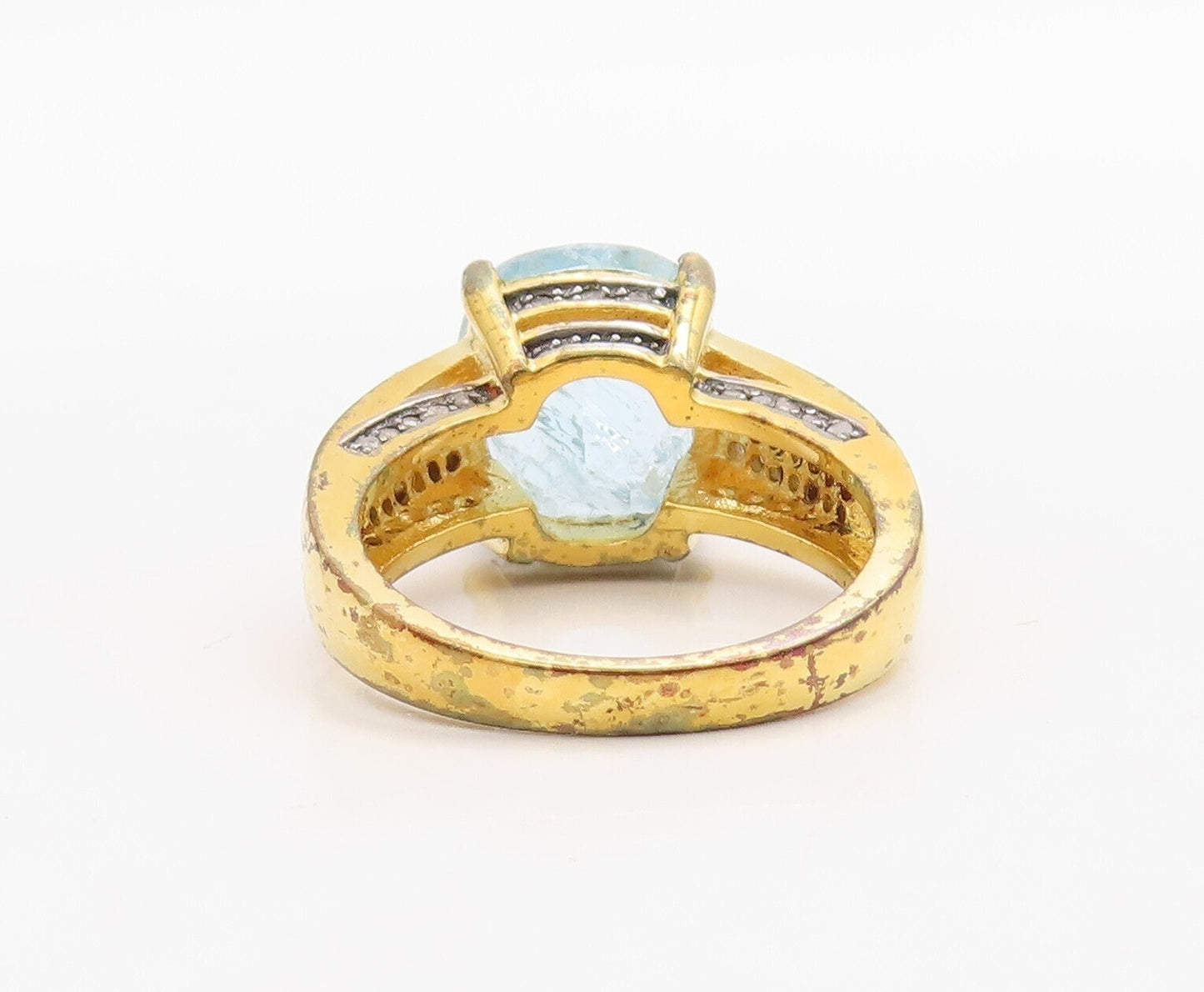 925 Sterling Silver Vintage Ring Gold Plated Diamonds Blue Topaz Sz 8.5 RG30957