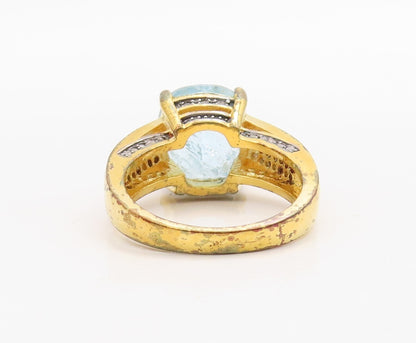 925 Sterling Silver Vintage Ring Gold Plated Diamonds Blue Topaz Sz 8.5 RG30957