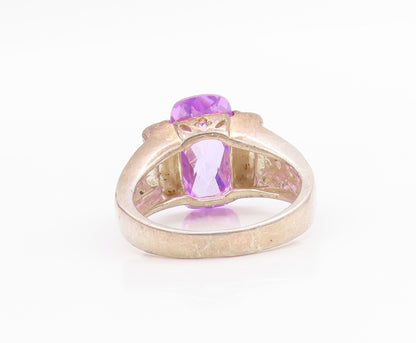 925 Sterling Silver Vintage Ring Rectangle Cut Amethyst Roped  Sz 8  RG33198