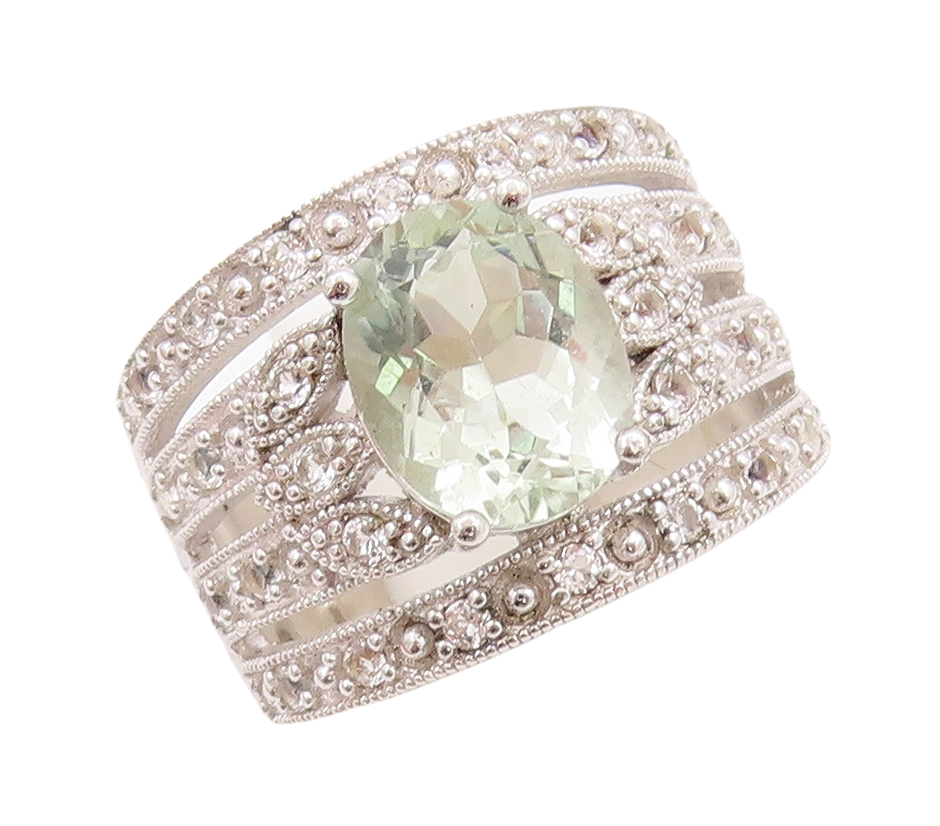 925 Sterling Silver Vintage Ring Oval Green Amethyst Split CZ Band Sz 7  RG29167