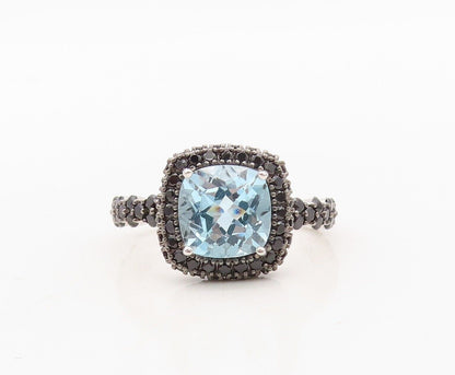 925 Sterling Silver Vintage Ring Square Blue Topaz & Spinel Inlay  Sz 7 RG30354