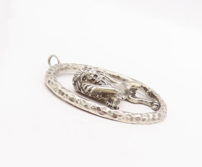 925 Sterling Silver Vintage Pendant Designer Framed Large Roaring Lion  PT22936
