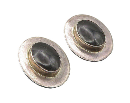 MEXICO 925 Silver   Vintage Black Onyx Shiny Oval Non Pierce Earrings  EG11316