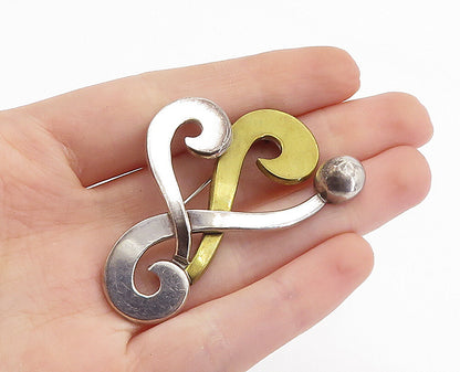 MEXICO 925 Sterling Silver  Vintage Shiny Two Tone Swirl Brooch Pin  BP2733