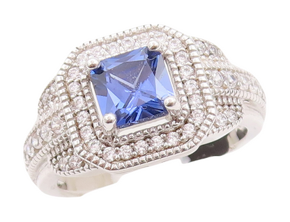 925 Sterling Silver Vintage Ring Designer Square Sapphire CZ Inlay Sz 7 RG29794