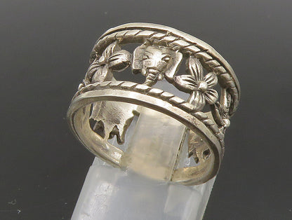 925 Silver  Vintage Flowers & Elephant Cut Out Band Ring Sz 6.5  RG24370