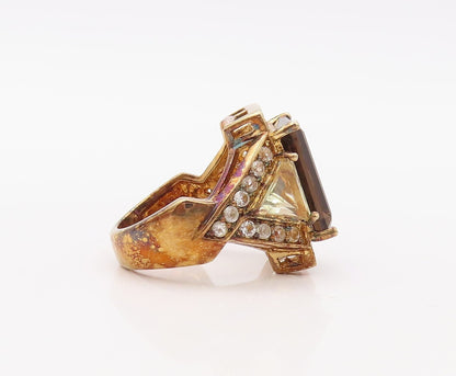 925 Sterling Silver Vintage Ring Gold Plated Smoky Quartz & Topaz  Sz 6  RG30770