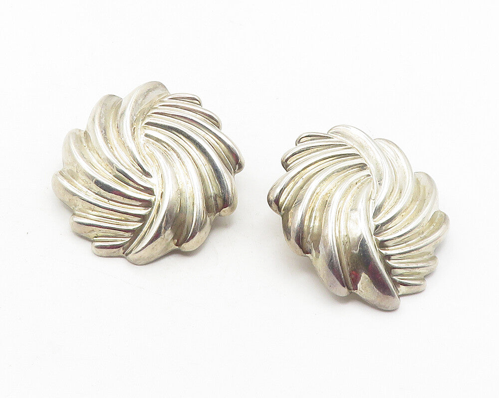 MEXICO 925 Silver  Vintage Shiny Hollow Modernist Non Pierce Earrings  EG5945