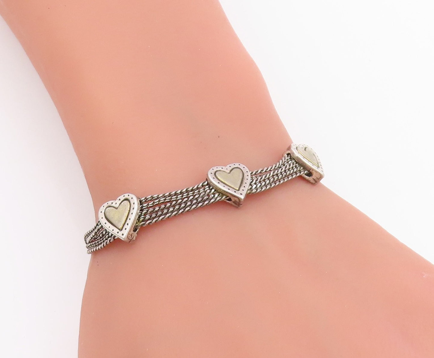 925 Sterling Silver Vintage Bracelet Love Heart Multi Strand Link Chain  BT11504