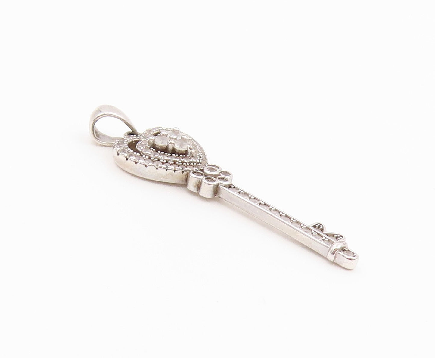 925 Sterling Silver Vintage Pendant PAJ CZ Pave Love Heart Key Charm  PT26430