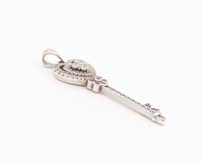 925 Sterling Silver Vintage Pendant PAJ CZ Pave Love Heart Key Charm  PT26430