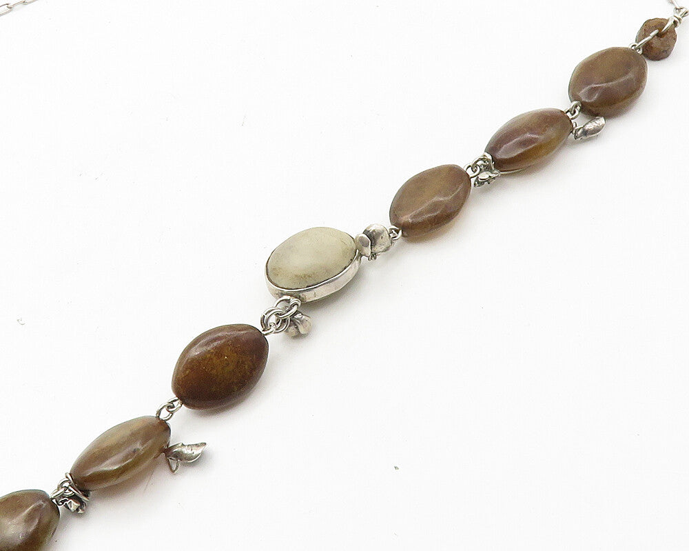 925 Sterling Silver  Vintage Smooth Brown Agate Chain Necklace  NE2876