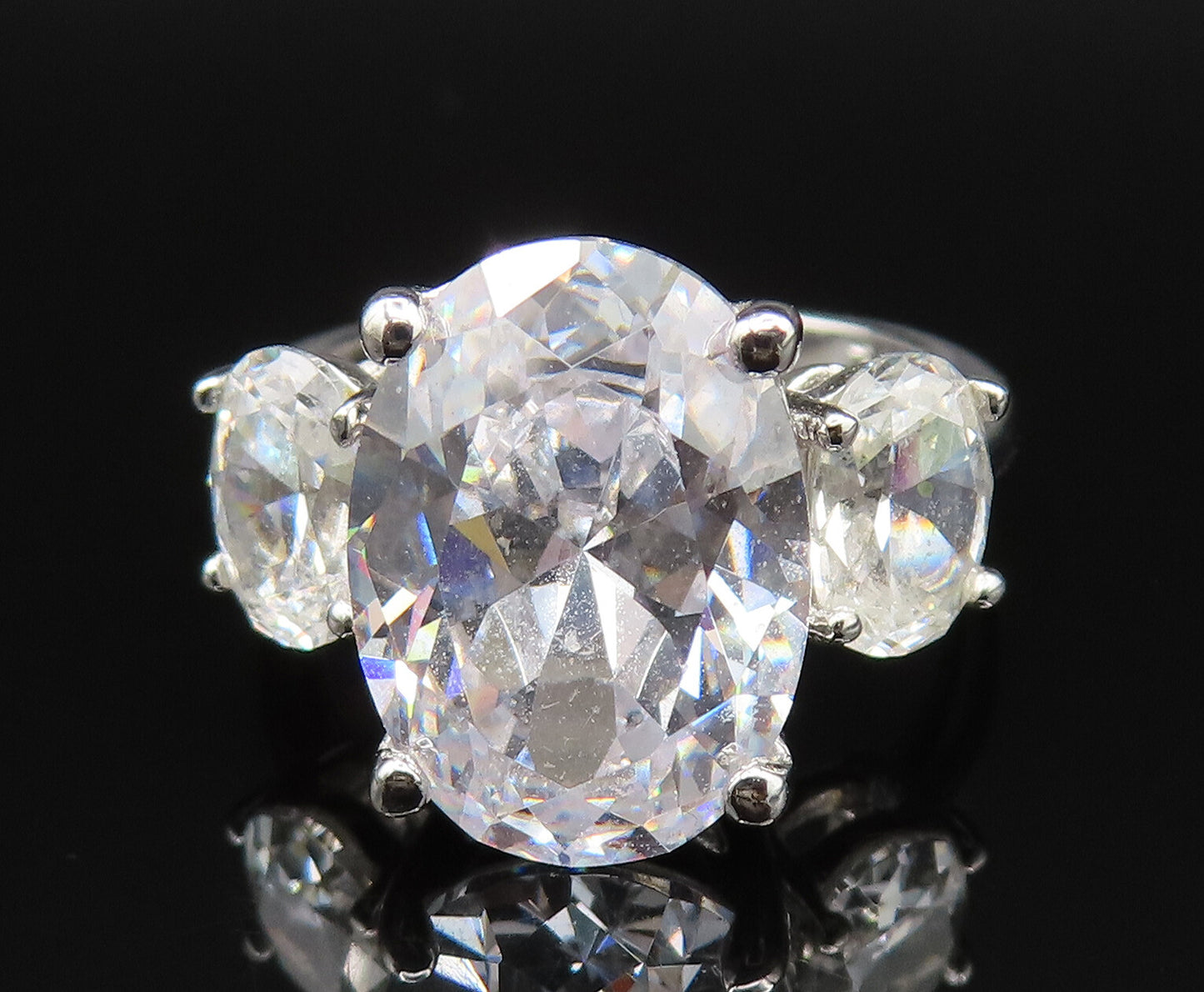 ESPO 925 Silver  Vintage Three Stone Oval Cubic Zirconia Ring Sz 6.5  RG25419