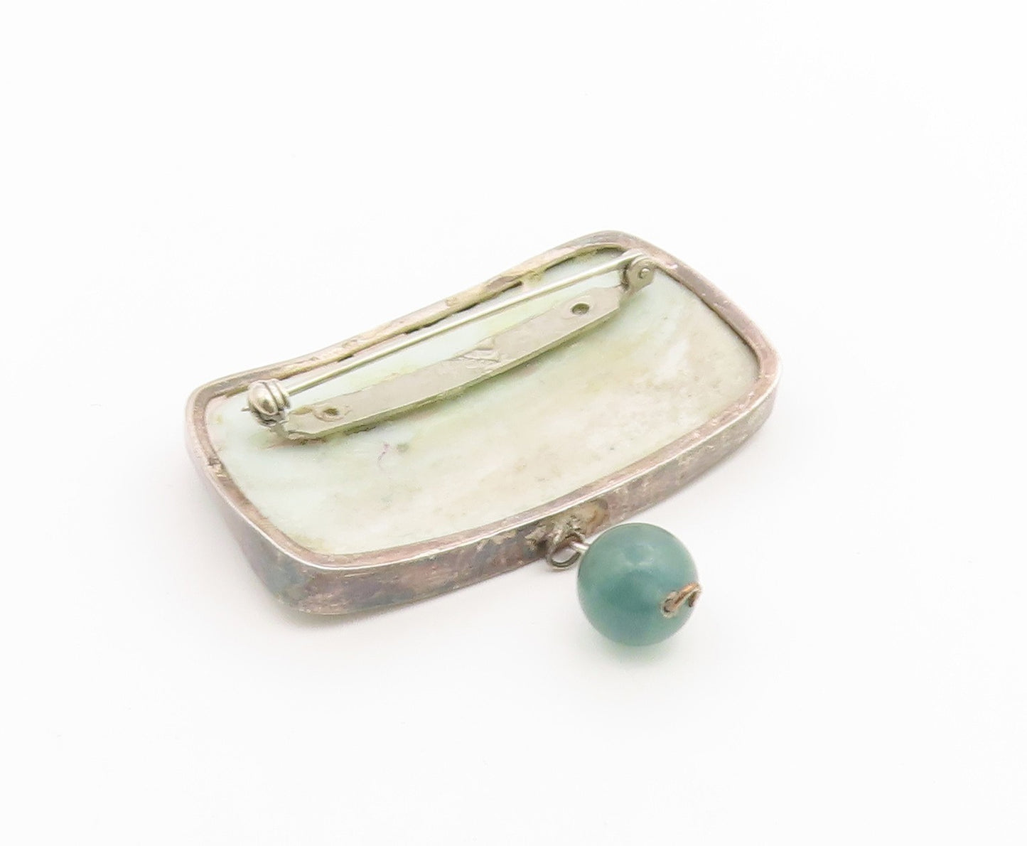 925 Sterling Silver Vintage Brooch Pin Antique Jade Porcelain Lattice  BP12651