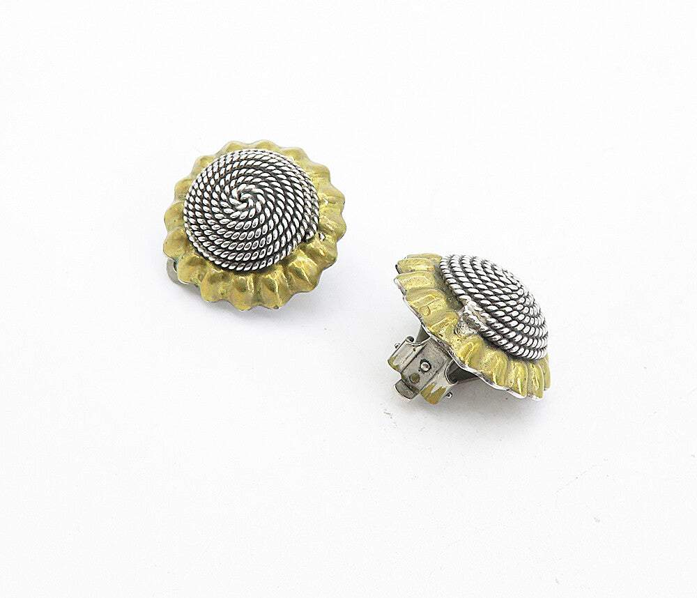 MEXICO 925 Sterling Silver  Vintage 2 Tone Flower Non Pierce Earrings  EG4239