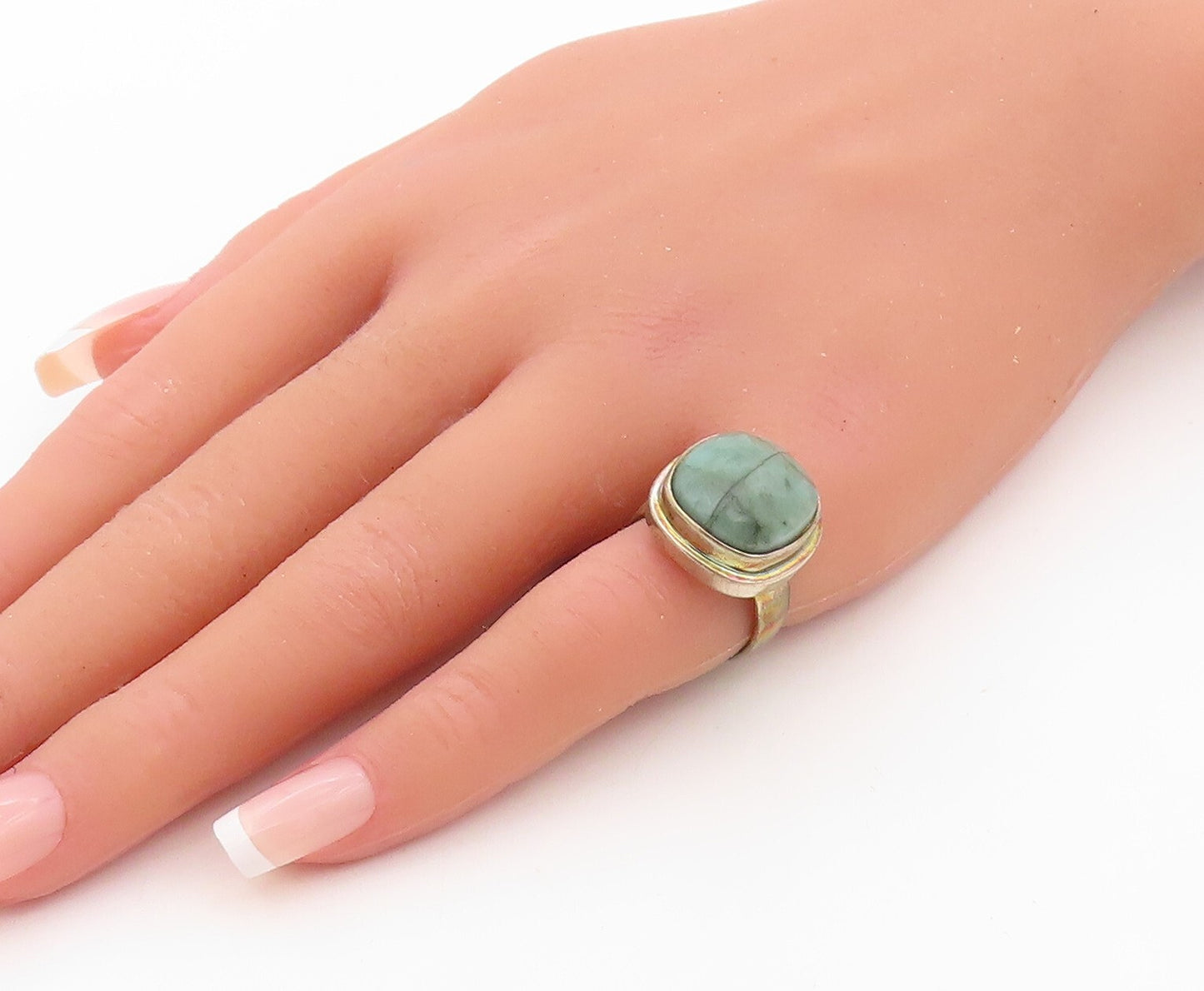 925 Sterling Silver Vintage Ring Antique Cabochon Green Gemstone  Sz 6  RG30218