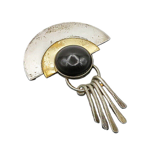 DESIGNER 925 Silver  Vintage Cabochon Cut Black Onyx 2 Tone Brooch Pin  BP7693