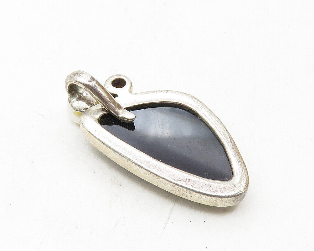 925 Sterling Silver  Vintage Black Onyx Pearl & Amethyst Drop Pendant  PT7611
