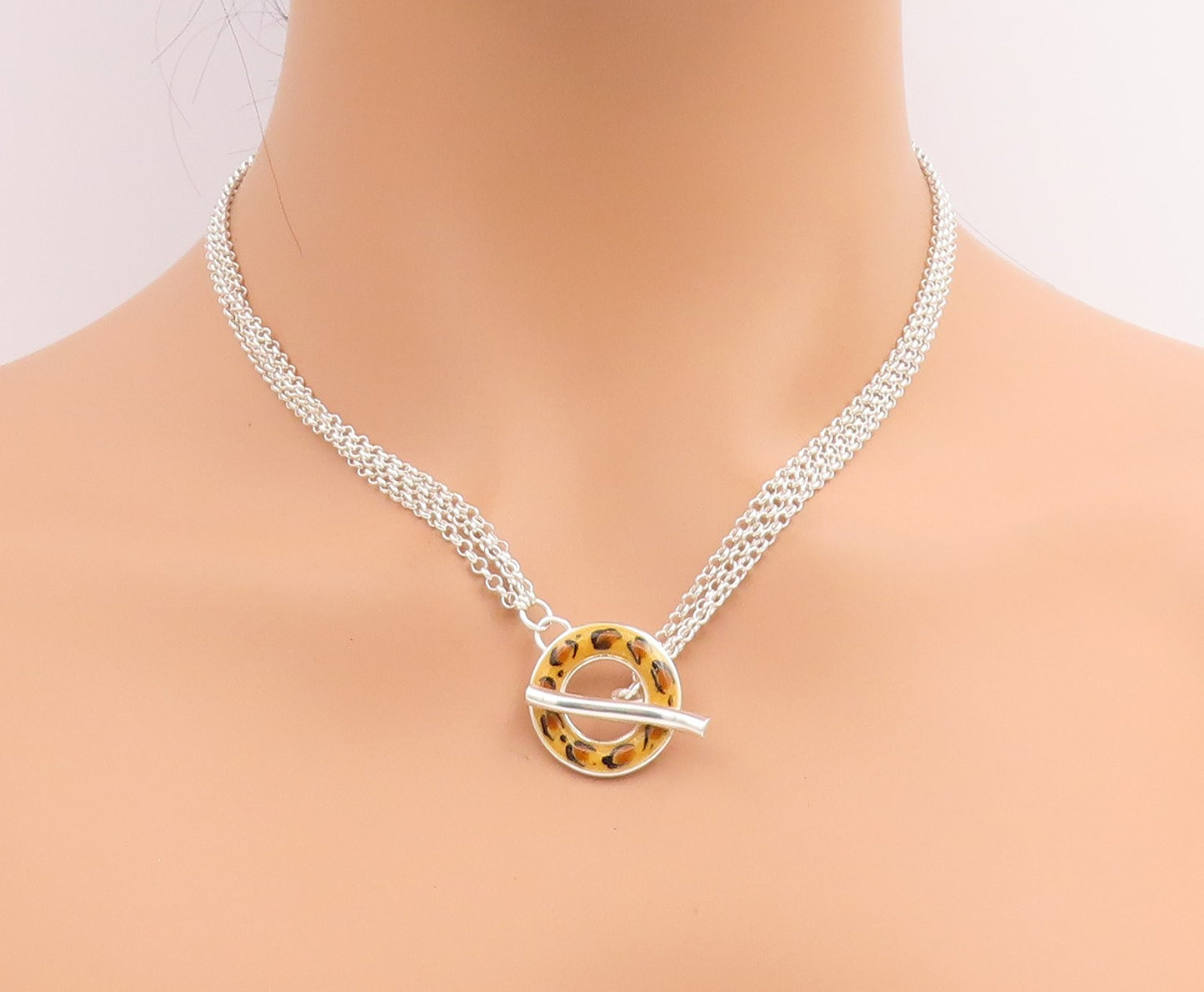 925 Sterling Silver Vintage Necklace DAVID SIGAL Enameled Leopard Toggle  NE4762