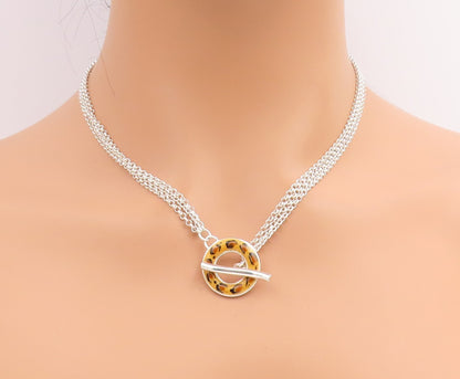 925 Sterling Silver Vintage Necklace DAVID SIGAL Enameled Leopard Toggle  NE4762