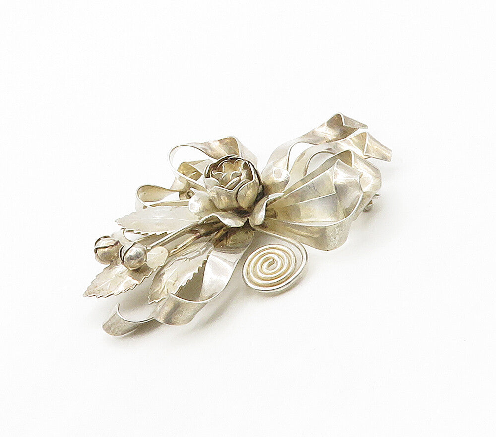 DESIGNER 925 Sterling Silver  Vintage Shiny Floral Ribbon Brooch Pin  BP6202