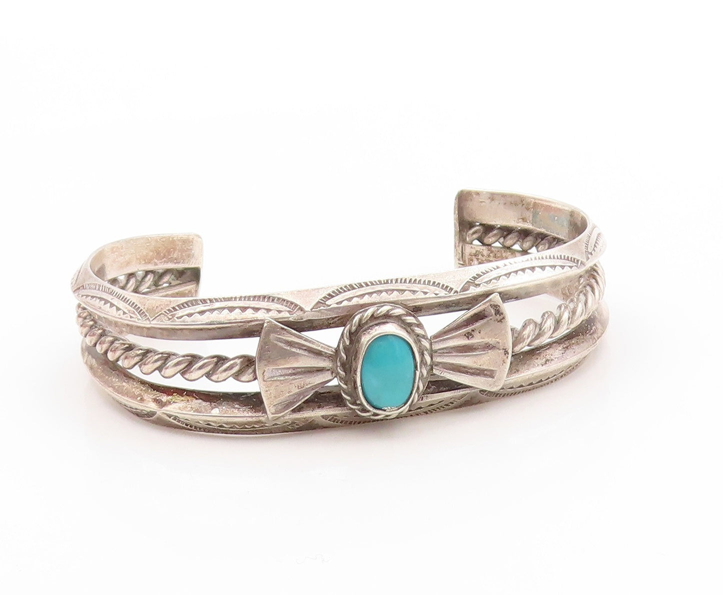 925 Sterling Silver Vintage Bracelet NAVAJO Turquoise Ribbon Bow Cuff  BT12100