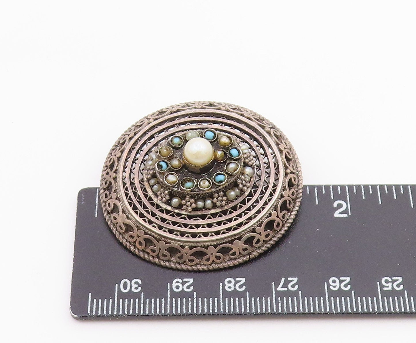 ISRAEL 925 Silver  Vintage Antique Floral Pearl & Turquoise Brooch Pin  BP9743