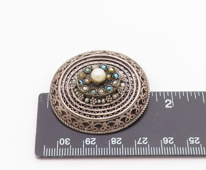 ISRAEL 925 Silver  Vintage Antique Floral Pearl & Turquoise Brooch Pin  BP9743