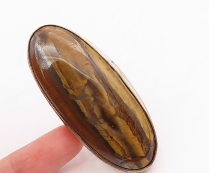 925 Sterling Silver Vintage Ring Modernist Large Oval Tiger's Eye Sz 9.5 RG31738