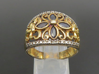 925 Silver  Vintage Two Tone Black Spinel Floral Scroll Ring Sz 10  RG25176