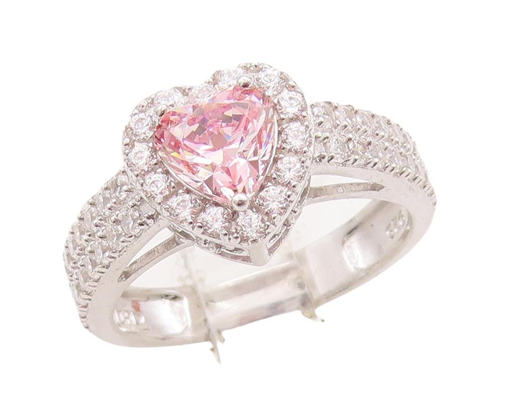 925 Sterling Silver Vintage Ring Pink & White Heart Carved CZ  Sz 7  RG28569