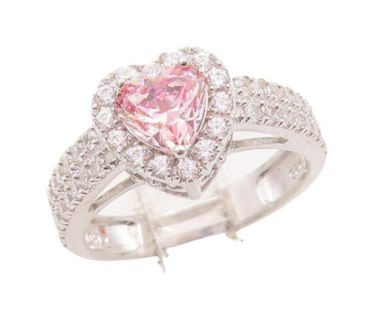 925 Sterling Silver Vintage Ring Pink & White Heart Carved CZ  Sz 7  RG28569
