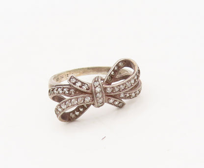 925 Sterling Silver  Vintage Minimalist Inlay CZ Solid Bow Ring Sz 7  RG27260