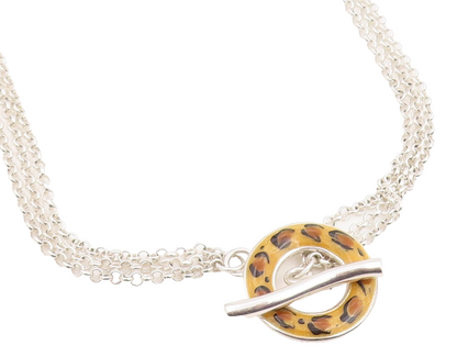 925 Sterling Silver Vintage Necklace DAVID SIGAL Enameled Leopard Toggle  NE4762
