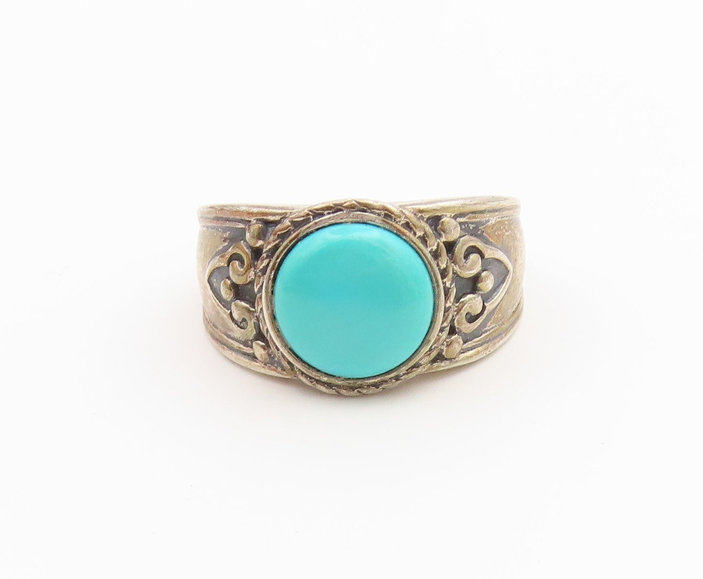925 Sterling Silver Vintage Ring Classic Turquoise Statement Band  Sz 9  RG36824